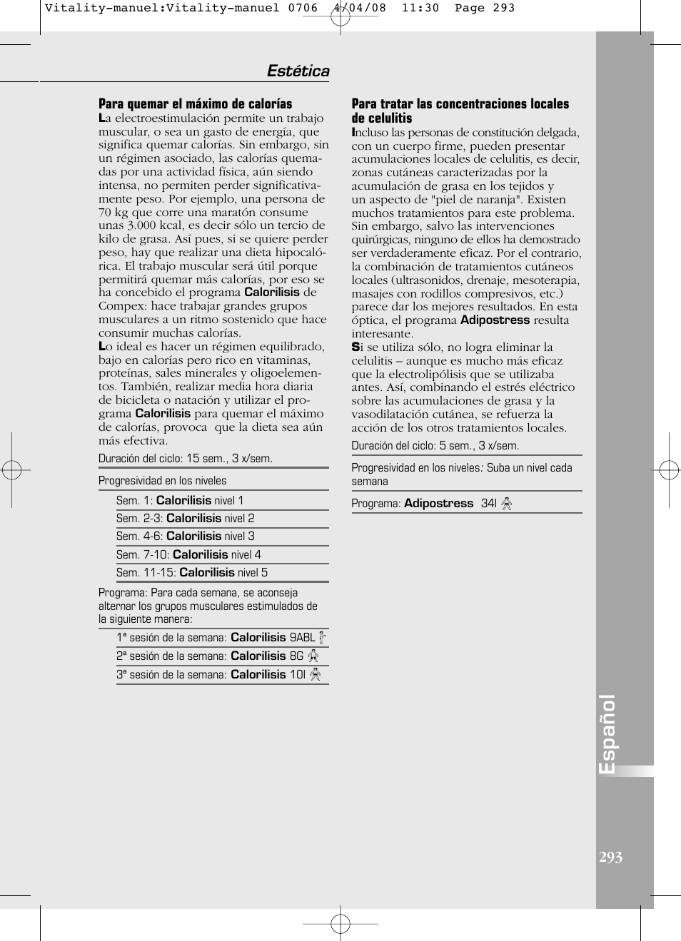 Español, Estética | Compex Vitality User Manual | Page 293 / 308