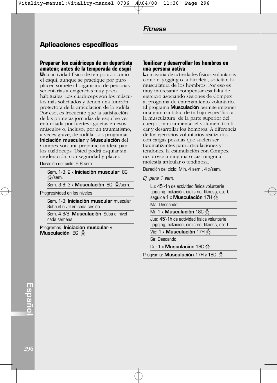 Español, Fitness, Aplicaciones específicas | Compex Vitality User Manual | Page 296 / 308