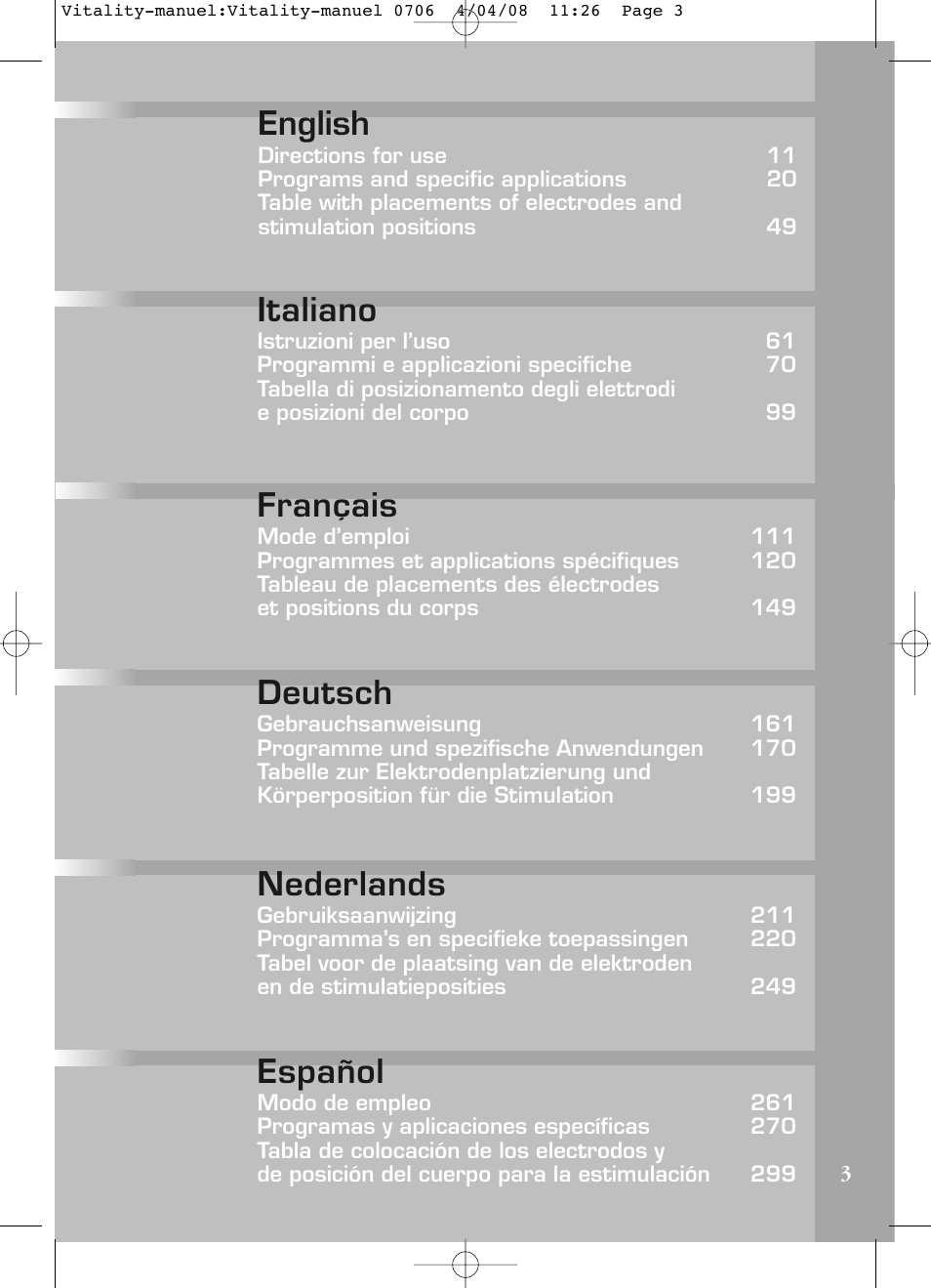 English, Italiano, Français | Deutsch, Nederlands, Español | Compex Vitality User Manual | Page 3 / 308