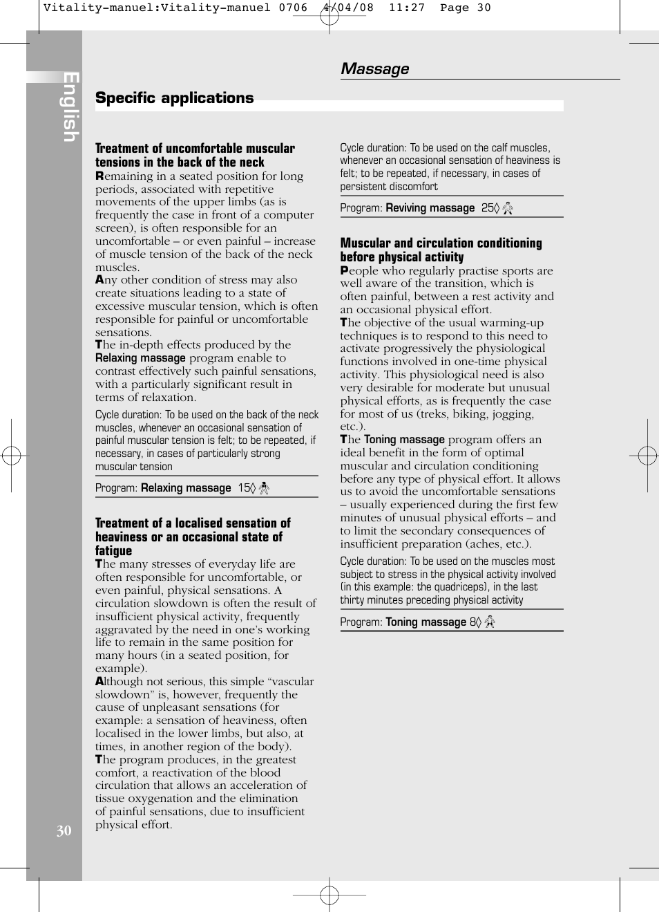 English, 30 massage, Specific applications | Compex Vitality User Manual | Page 30 / 308