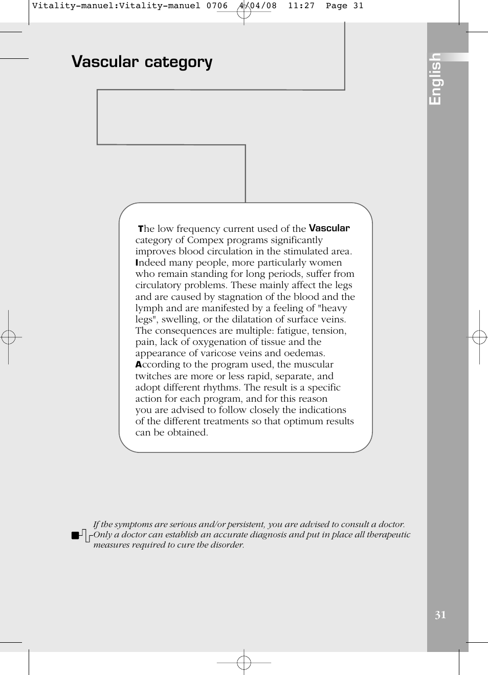 Vascular category, English | Compex Vitality User Manual | Page 31 / 308
