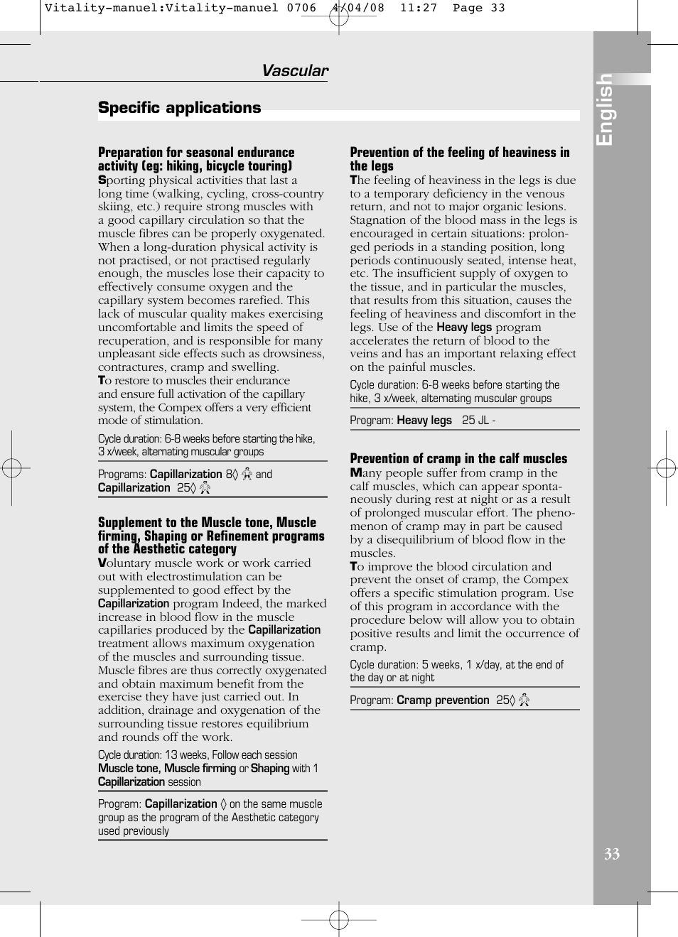 English, Specific applications vascular | Compex Vitality User Manual | Page 33 / 308