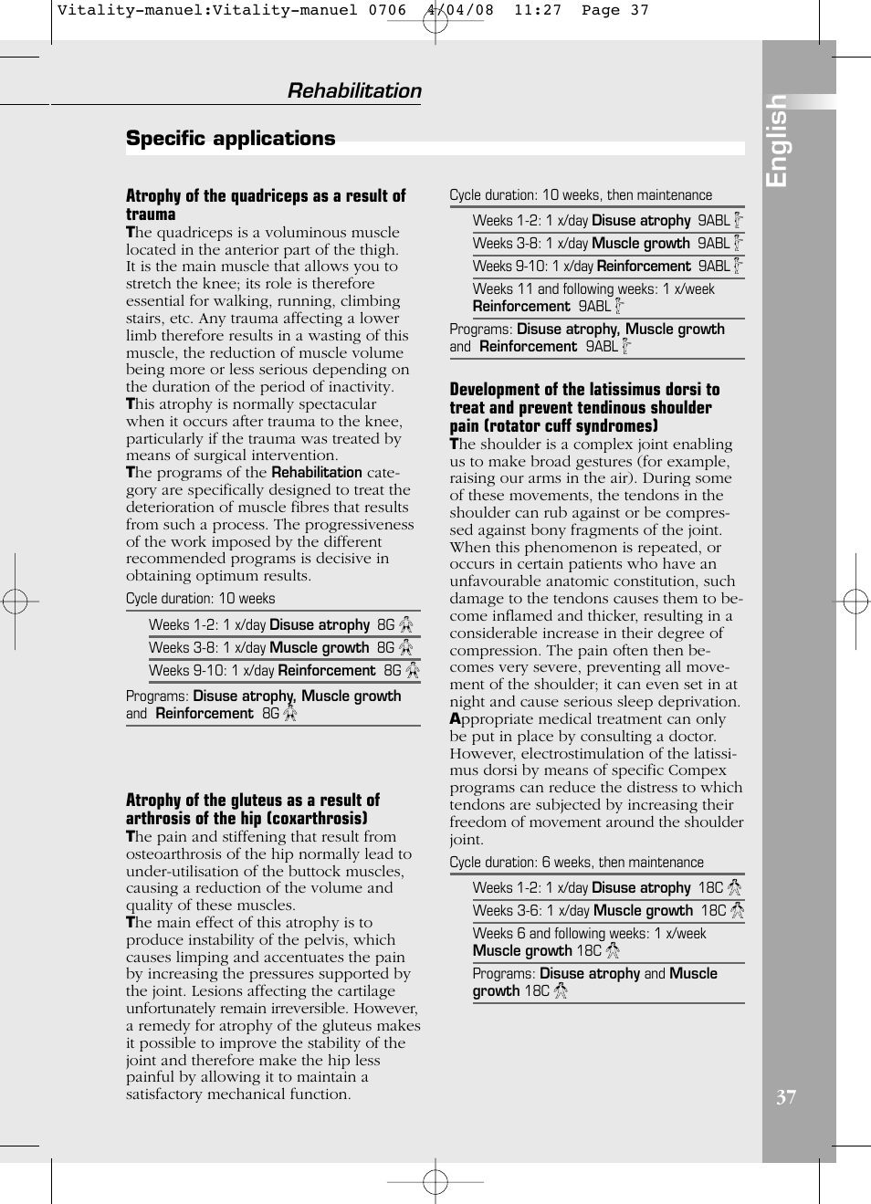 English, 37 rehabilitation, Specific applications | Compex Vitality User Manual | Page 37 / 308