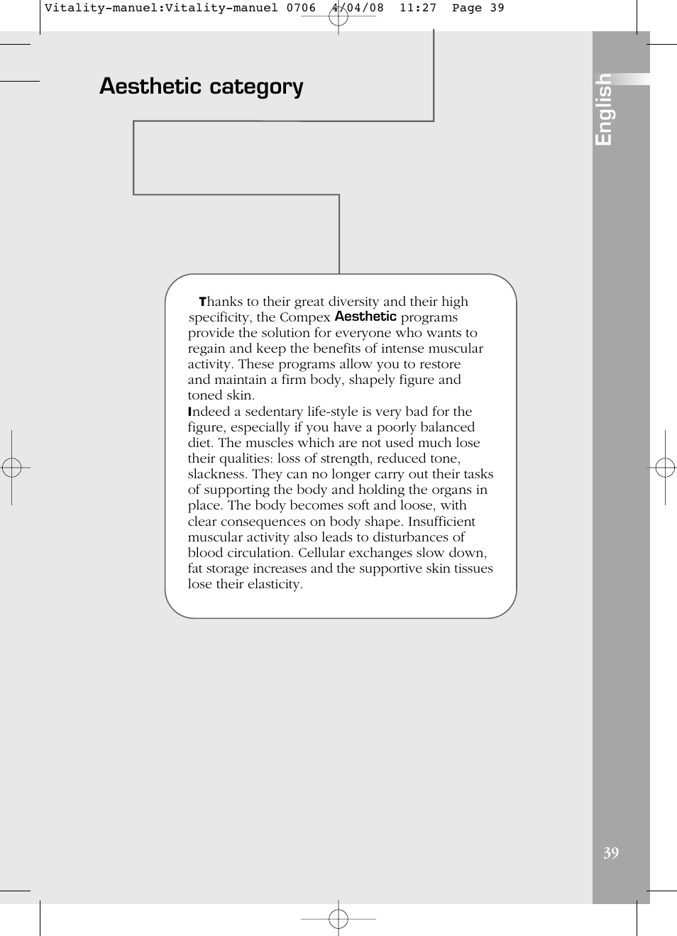 Aesthetic category, English | Compex Vitality User Manual | Page 39 / 308