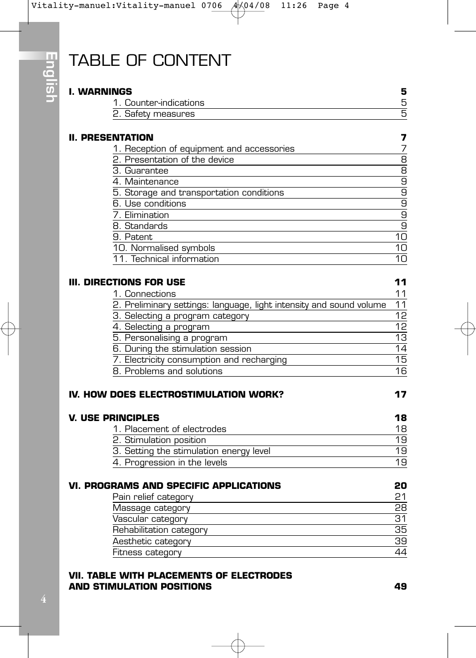 Table of content, English | Compex Vitality User Manual | Page 4 / 308