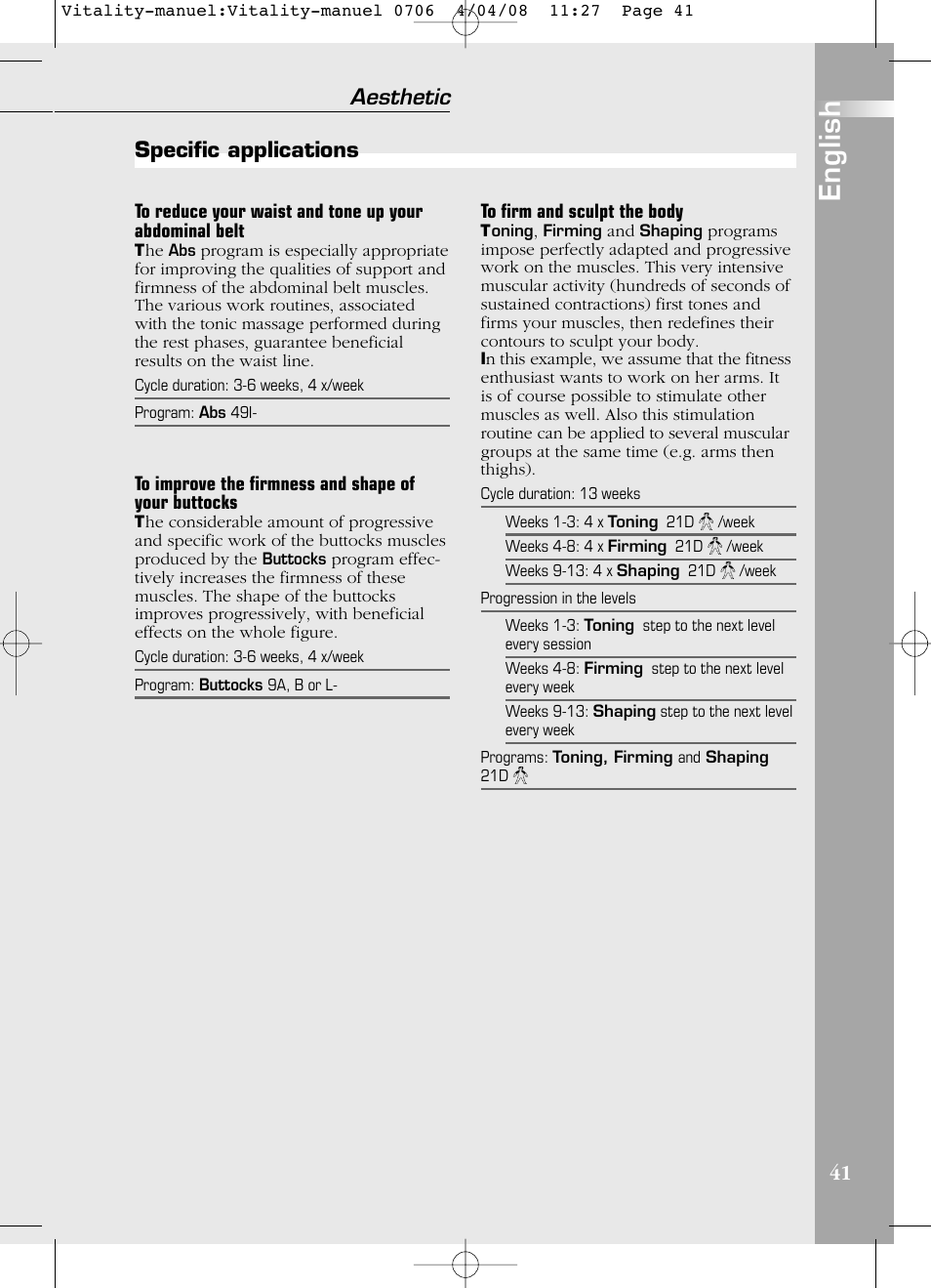 English, 41 aesthetic, Specific applications | Compex Vitality User Manual | Page 41 / 308
