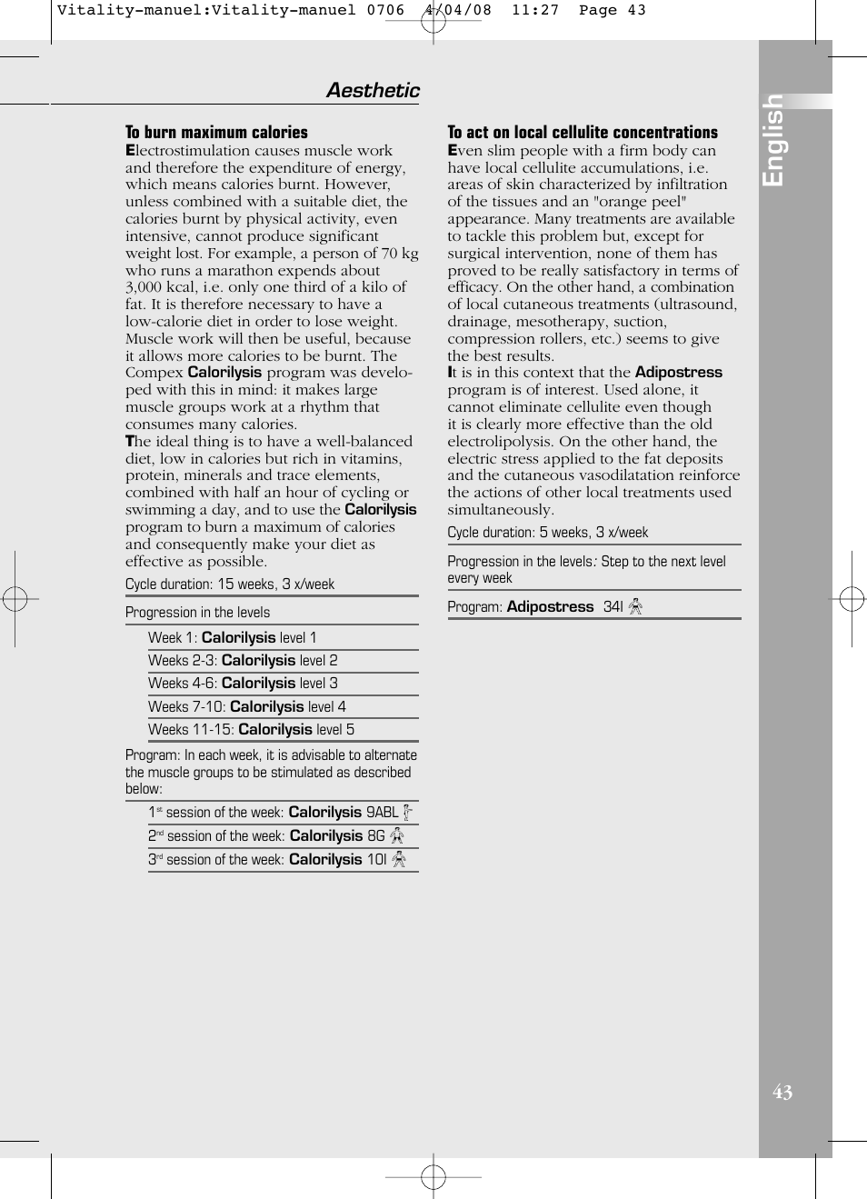 English, Aesthetic | Compex Vitality User Manual | Page 43 / 308