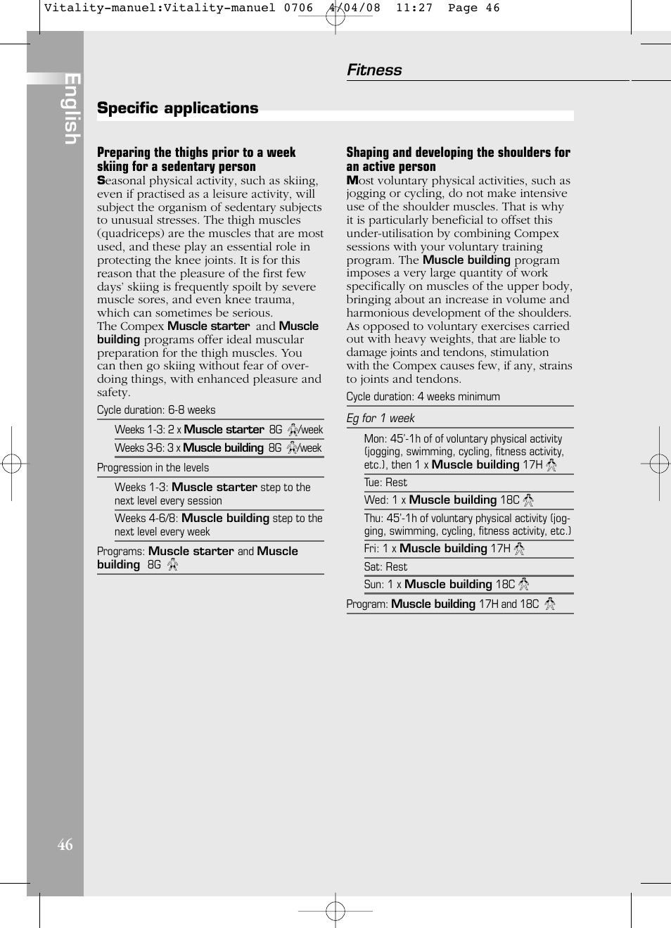 English, 46 fitness, Specific applications | Compex Vitality User Manual | Page 46 / 308