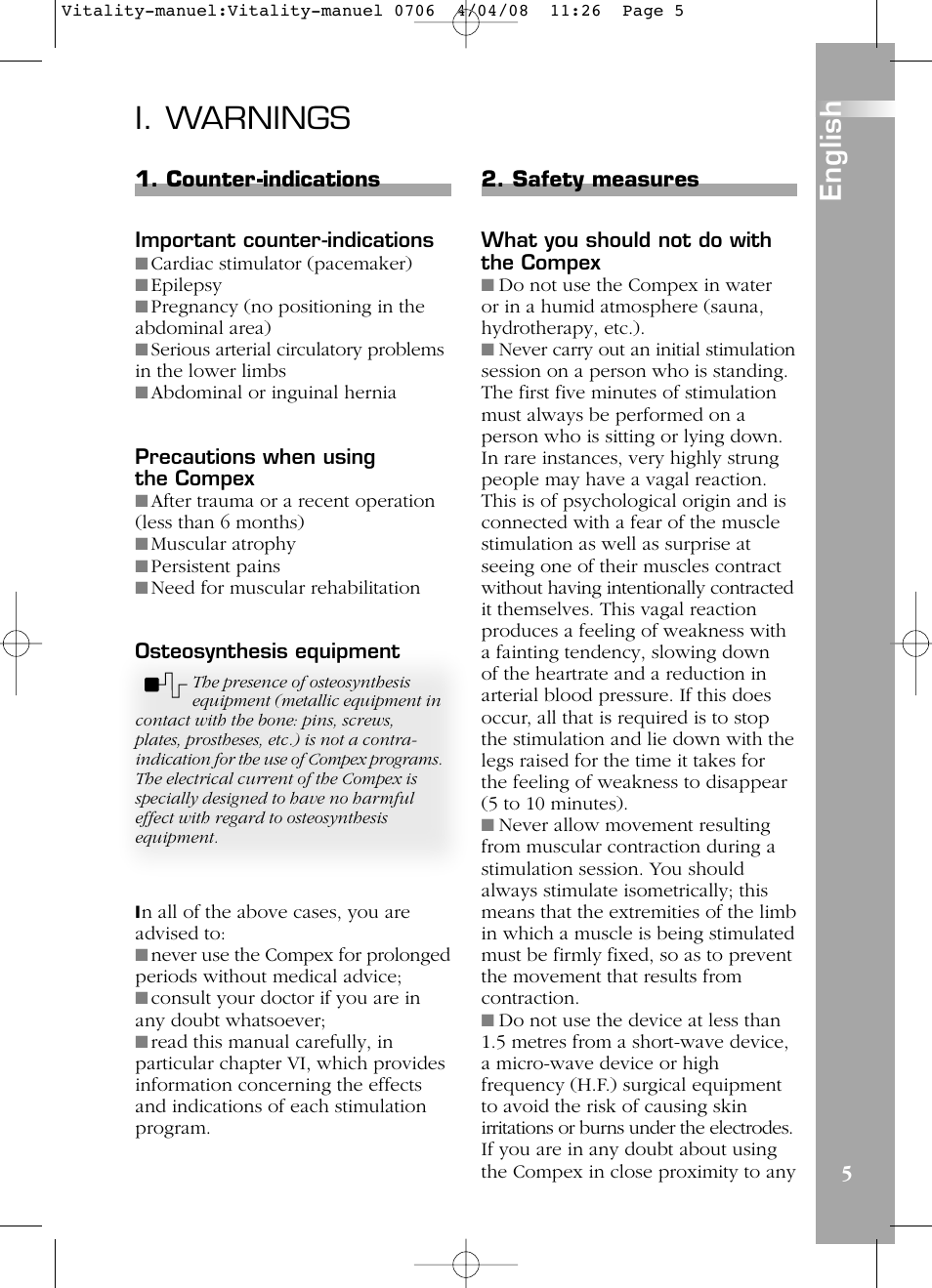 I. warnings, English | Compex Vitality User Manual | Page 5 / 308
