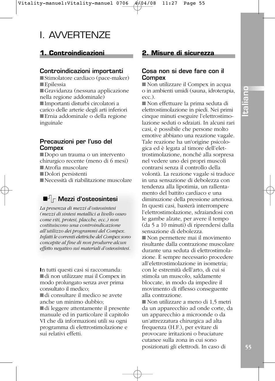 I. avvertenze, Italiano | Compex Vitality User Manual | Page 55 / 308