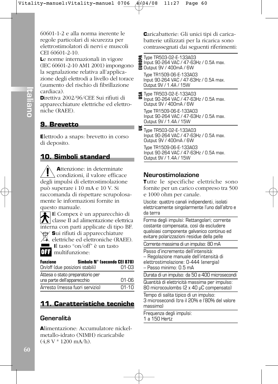 Italiano, Brevetto, Simboli standard | Caratteristiche tecniche | Compex Vitality User Manual | Page 60 / 308