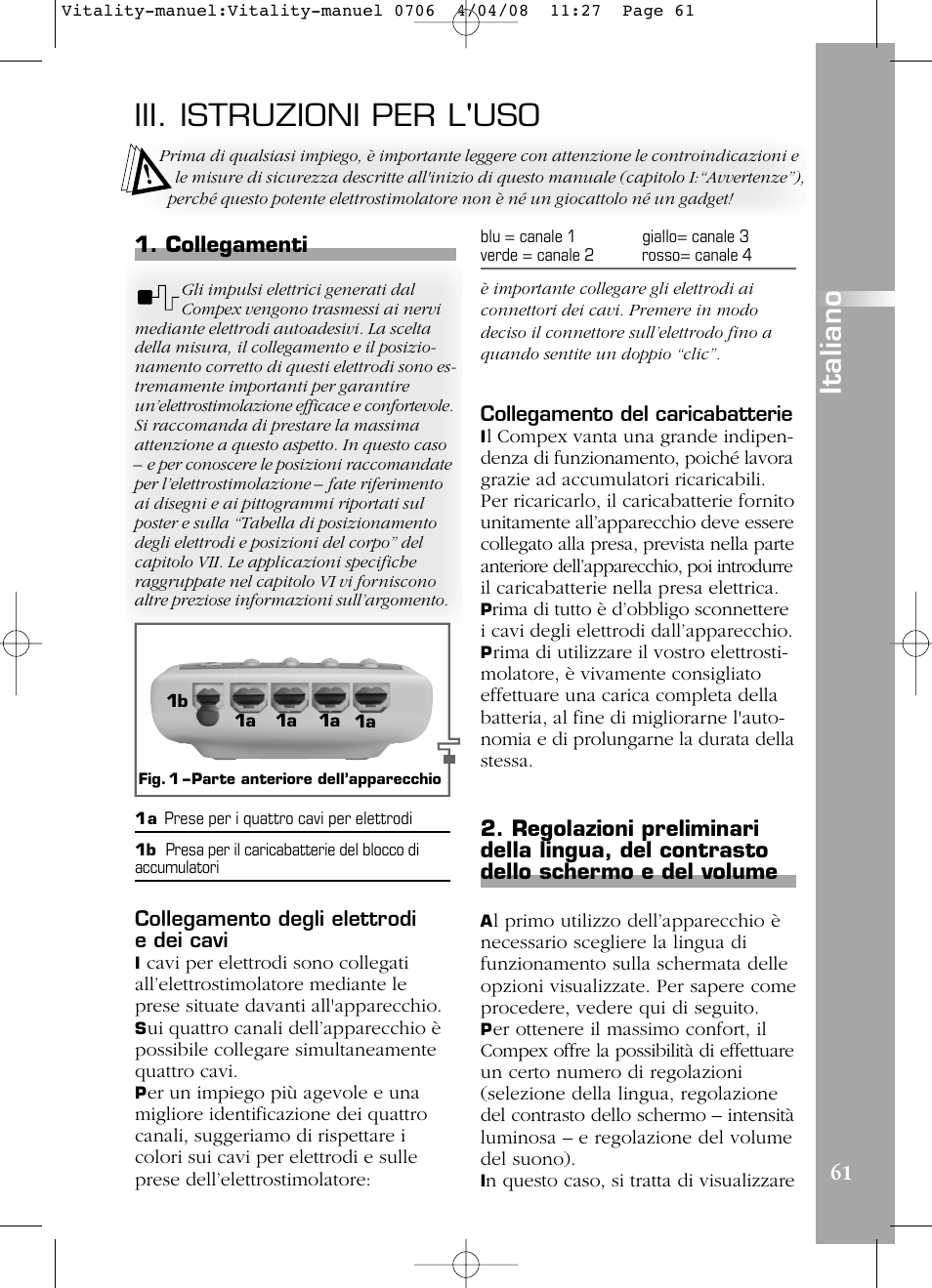Iii. istruzioni per l'uso, Italiano, Collegamenti | Compex Vitality User Manual | Page 61 / 308