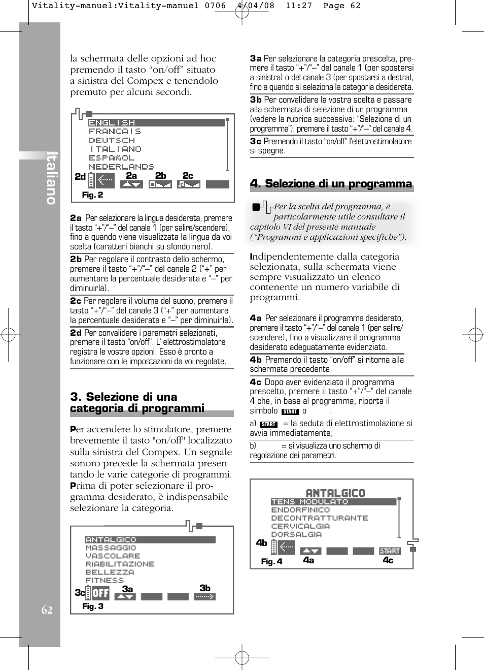 Italiano, Selezione di un programma, Selezione di una categoria di programmi | Compex Vitality User Manual | Page 62 / 308