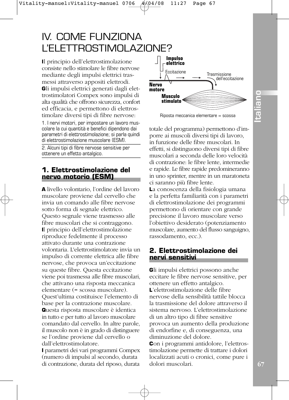 Iv. come funziona l’elettrostimolazione, Italiano, Elettrostimolazione del nervo motorio (esm) | Elettrostimolazione dei nervi sensitivi | Compex Vitality User Manual | Page 67 / 308