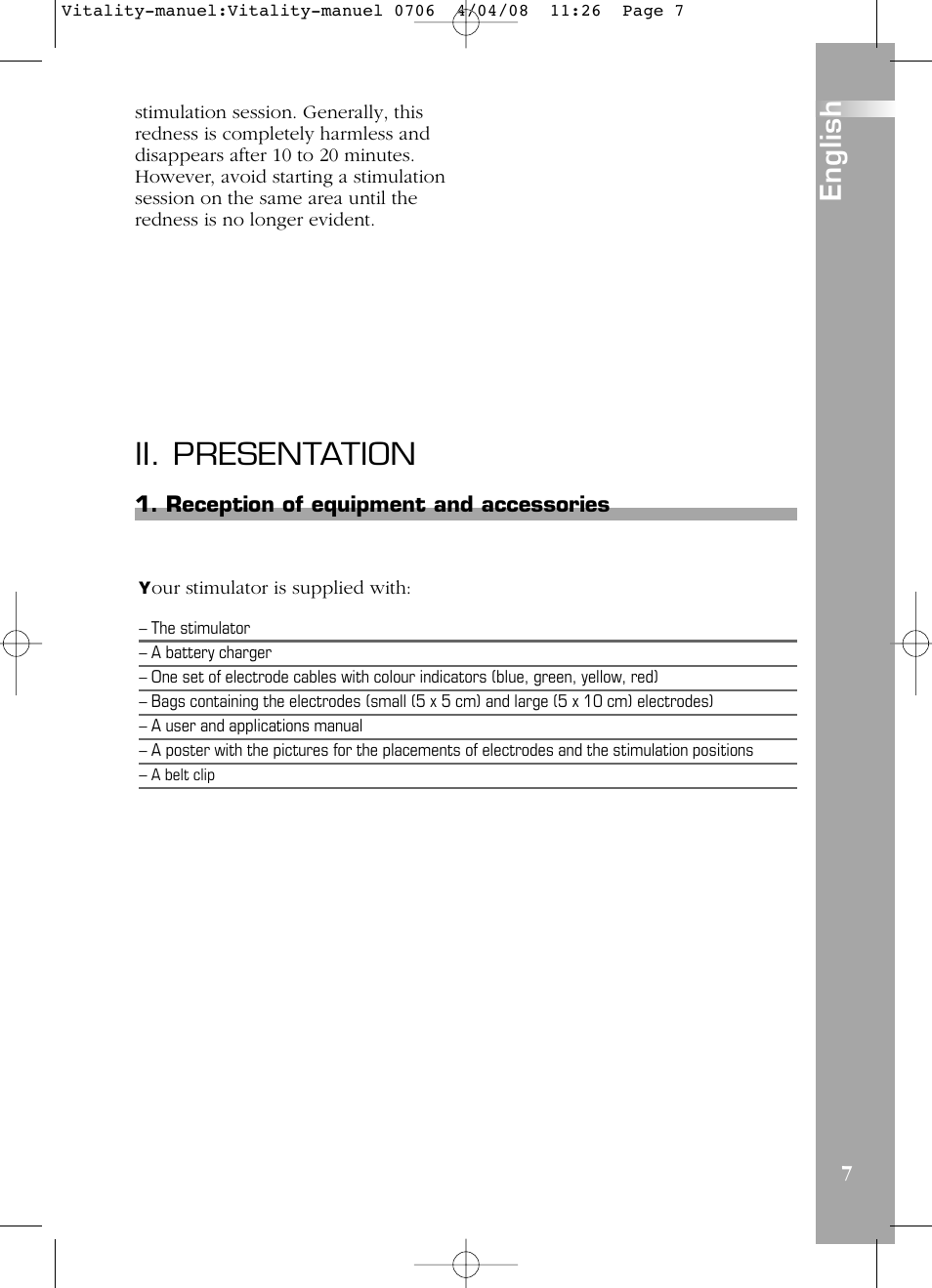 Ii. presentation, English, Reception of equipment and accessories | Compex Vitality User Manual | Page 7 / 308
