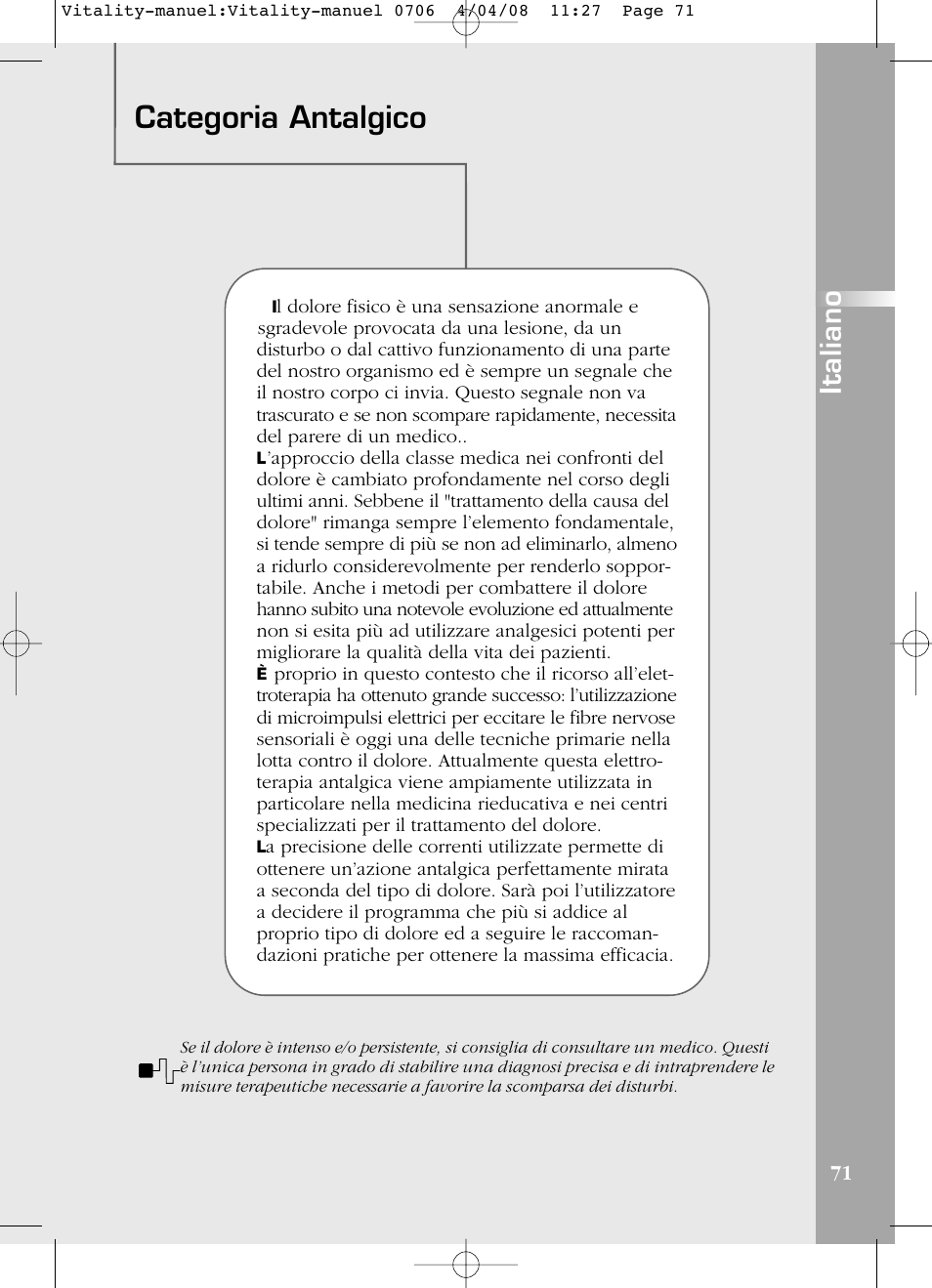 Categoria antalgico, Italiano | Compex Vitality User Manual | Page 71 / 308