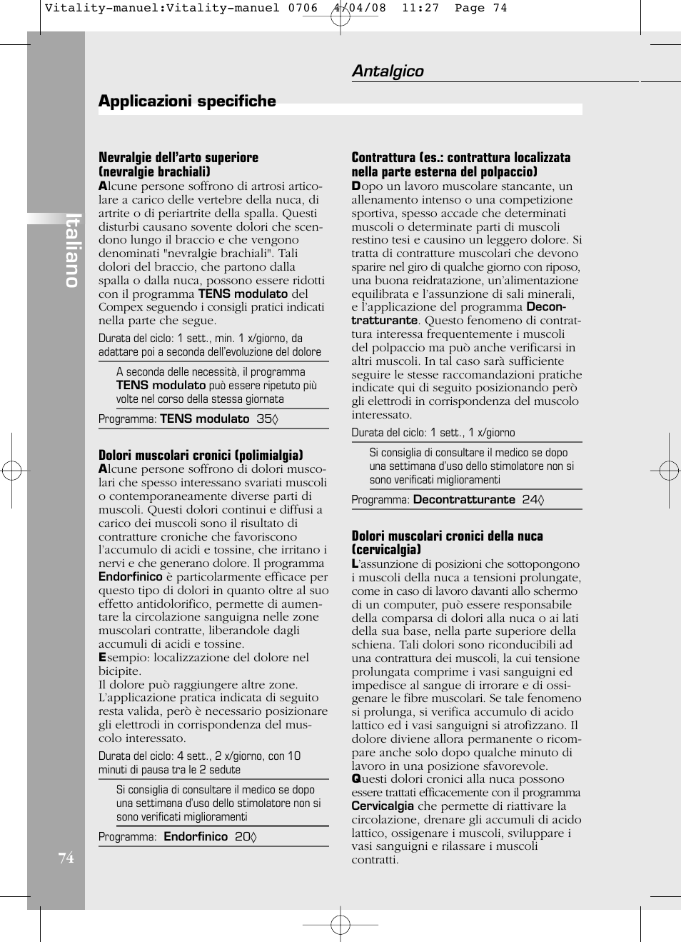 Italiano, Applicazioni specifiche, Antalgico | Compex Vitality User Manual | Page 74 / 308
