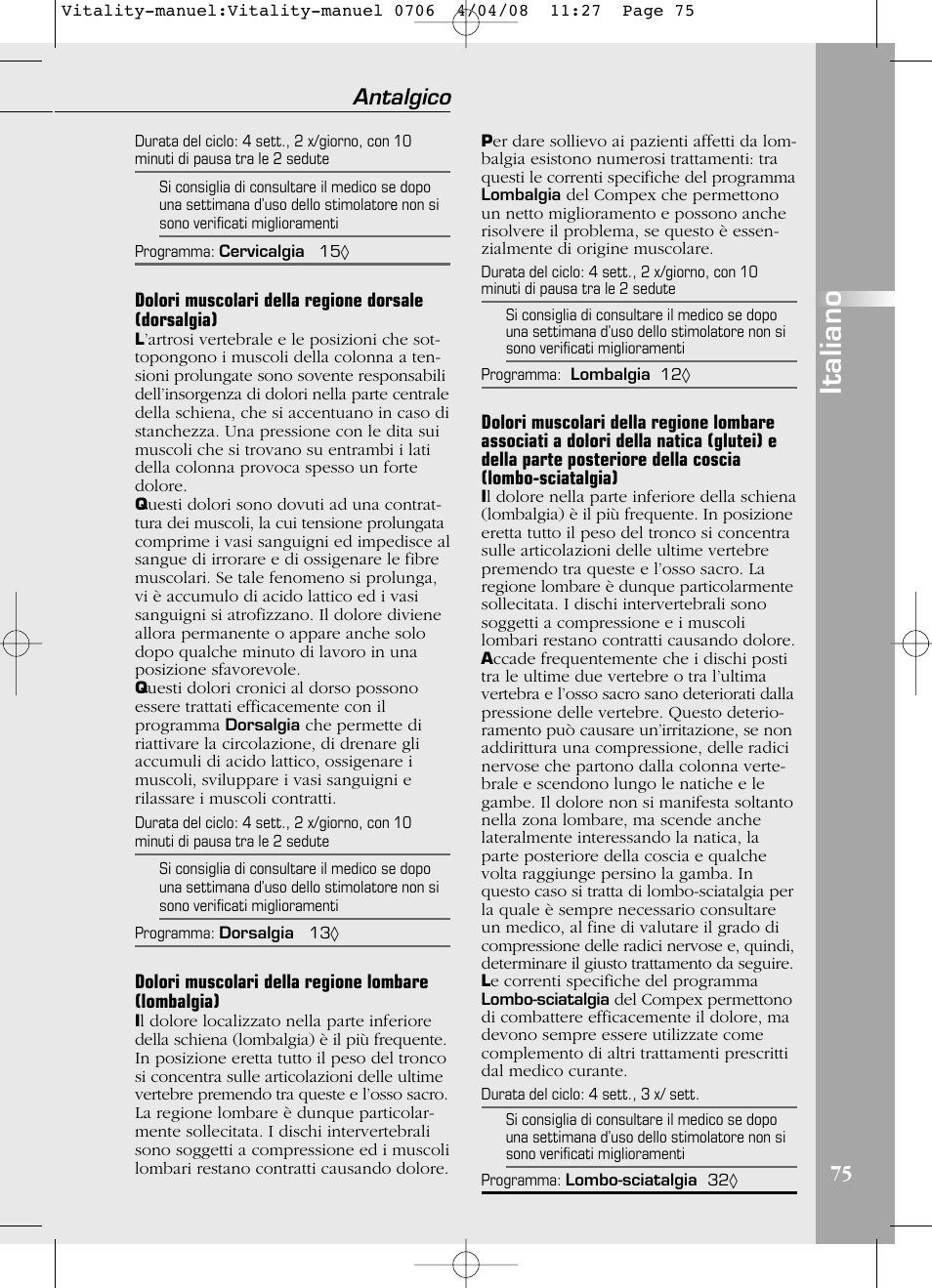 Italiano, Antalgico | Compex Vitality User Manual | Page 75 / 308