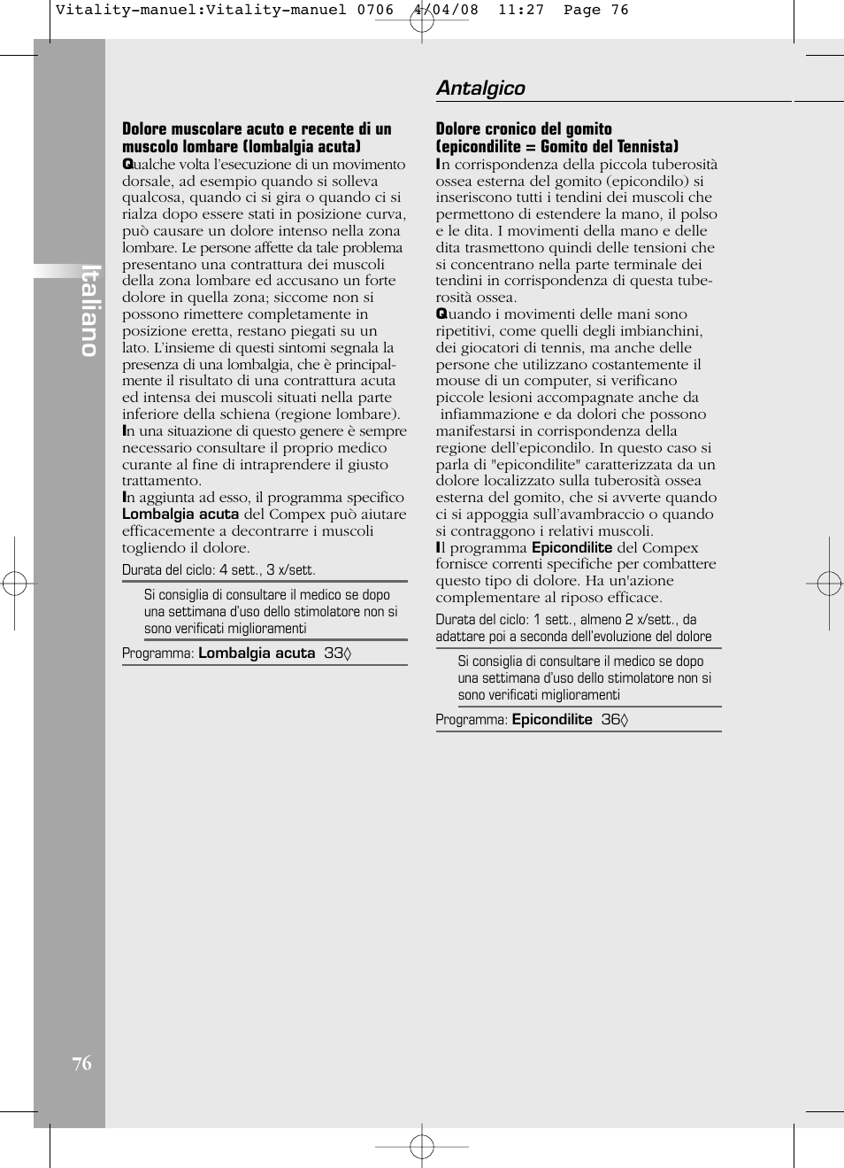 Italiano, Antalgico | Compex Vitality User Manual | Page 76 / 308