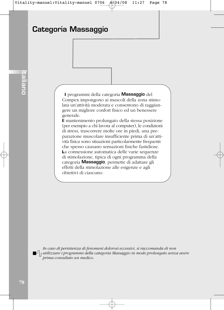 Categoria massaggio, Italiano | Compex Vitality User Manual | Page 78 / 308