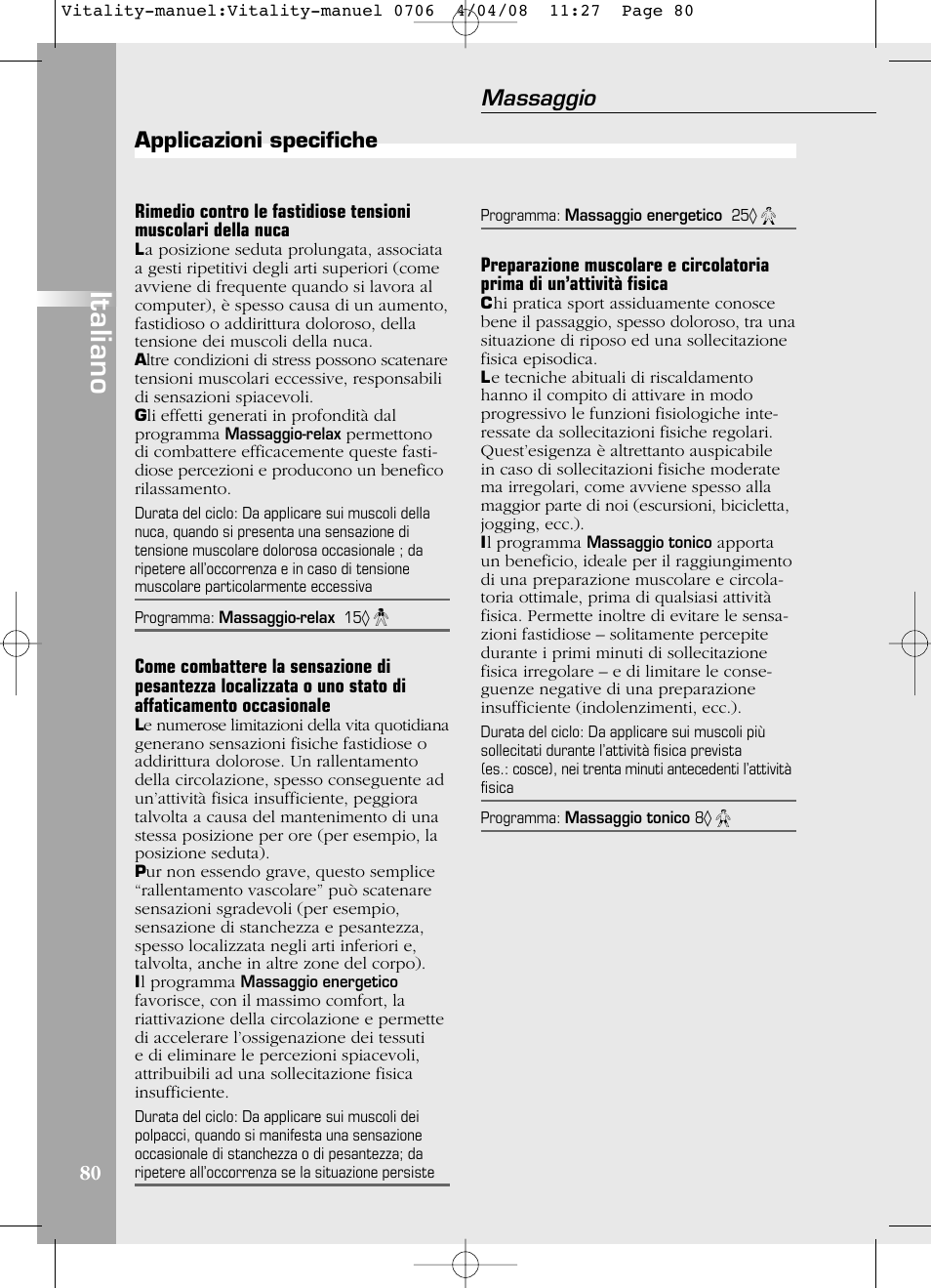 Italiano, Massaggio, Applicazioni specifiche | Compex Vitality User Manual | Page 80 / 308