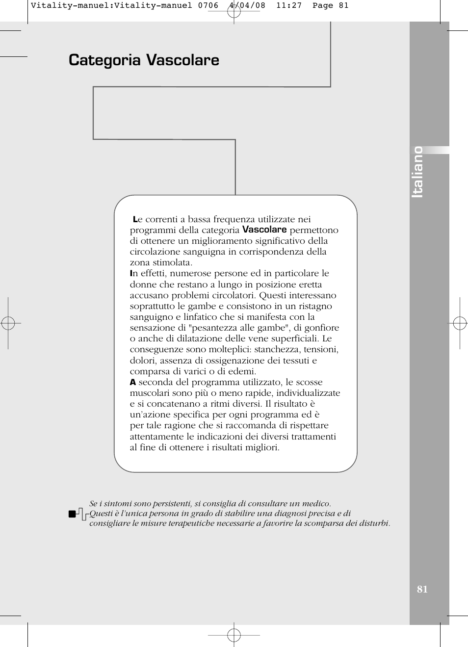 Categoria vascolare, Italiano | Compex Vitality User Manual | Page 81 / 308