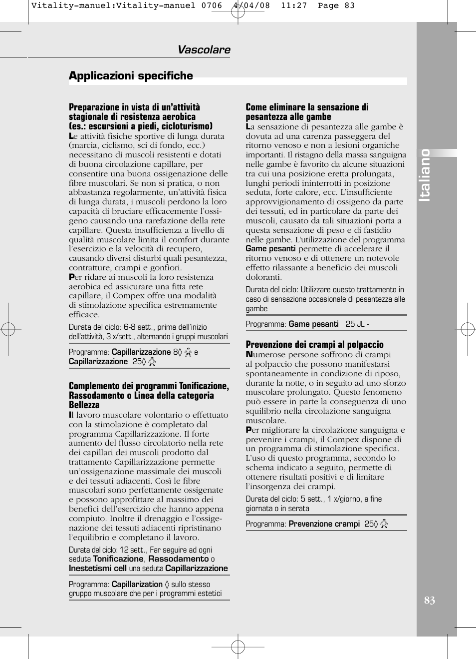 Italiano, Applicazioni specifiche vascolare | Compex Vitality User Manual | Page 83 / 308