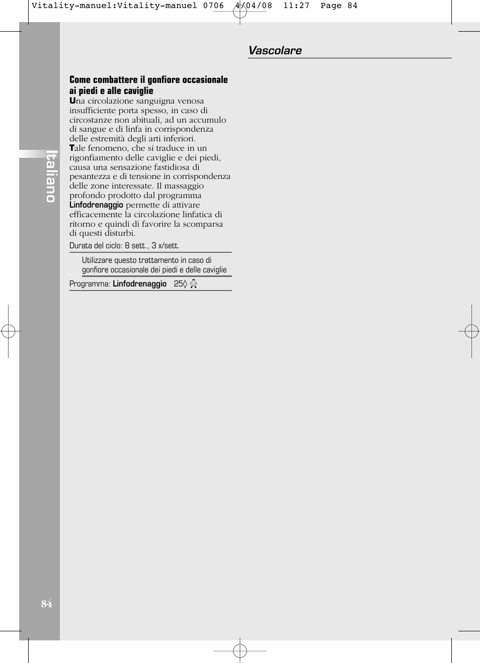 Italiano, Vascolare | Compex Vitality User Manual | Page 84 / 308