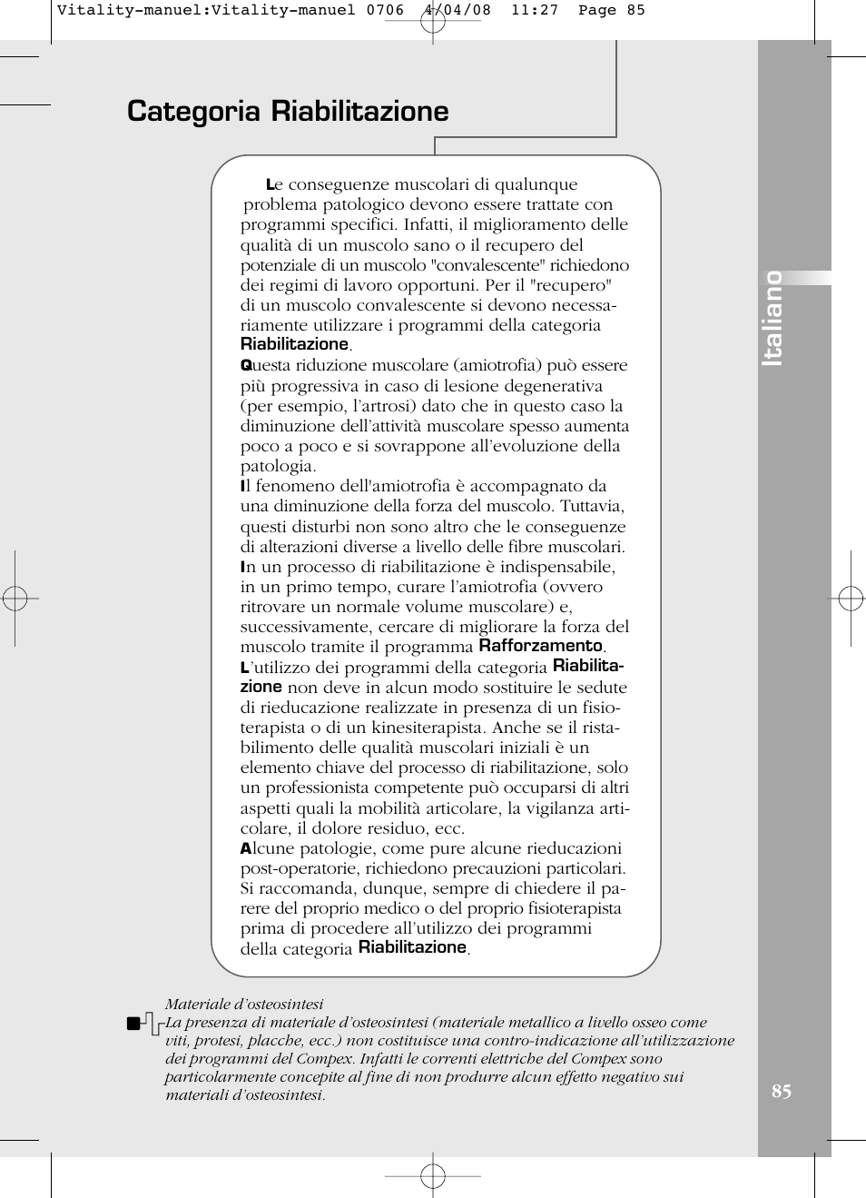 Categoria riabilitazione, Italiano | Compex Vitality User Manual | Page 85 / 308