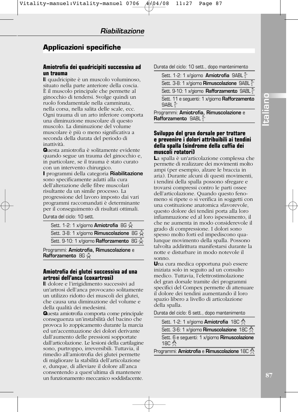 Italiano, Riabilitazione, Applicazioni specifiche | Compex Vitality User Manual | Page 87 / 308