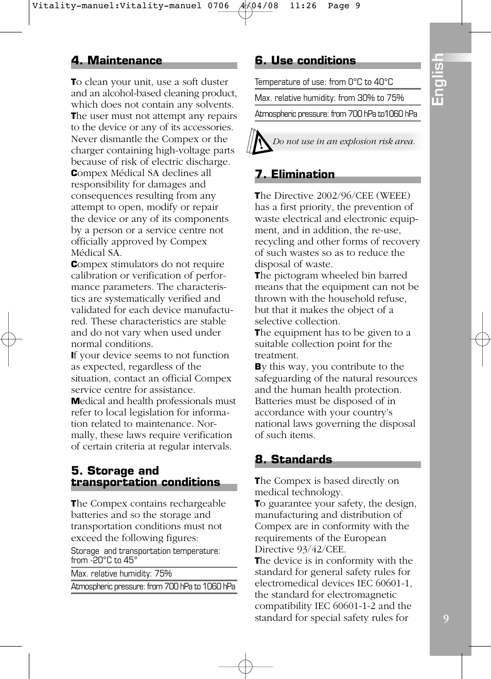 English, Maintenance, Storage and transportation conditions | Use conditions, Elimination, Standards | Compex Vitality User Manual | Page 9 / 308