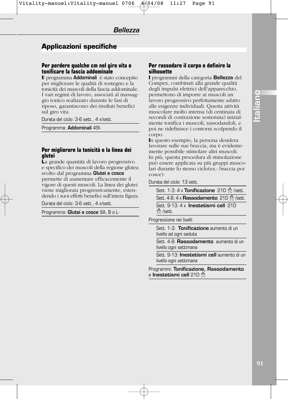 Italiano, Bellezza, Applicazioni specifiche | Compex Vitality User Manual | Page 91 / 308