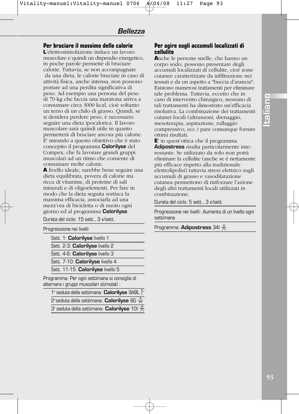 Italiano, Bellezza | Compex Vitality User Manual | Page 93 / 308