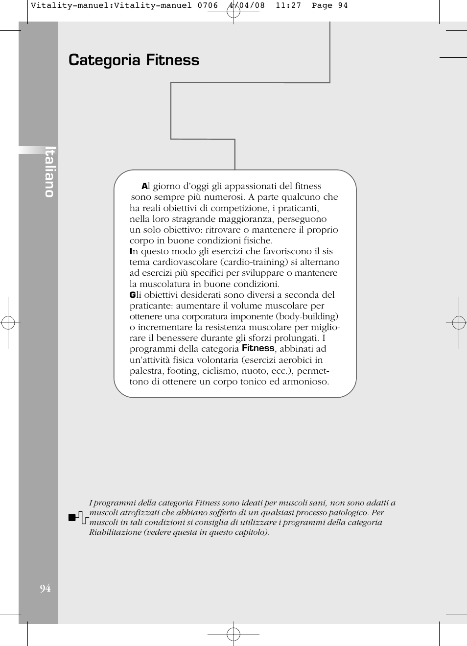 Categoria fitness, Italiano | Compex Vitality User Manual | Page 94 / 308