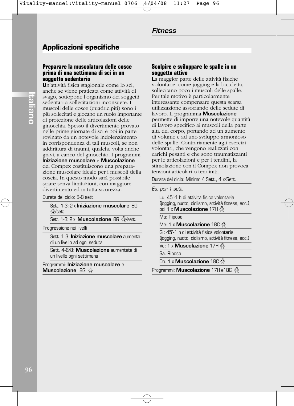Italiano, Fitness, Applicazioni specifiche | Compex Vitality User Manual | Page 96 / 308