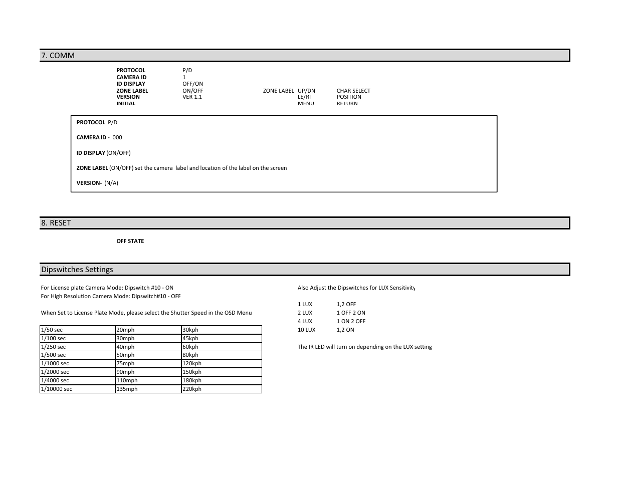 Comm, 8 reset, Reset | Dipswitches settings | COP-USA CHLP120IR-EF User Manual | Page 5 / 5