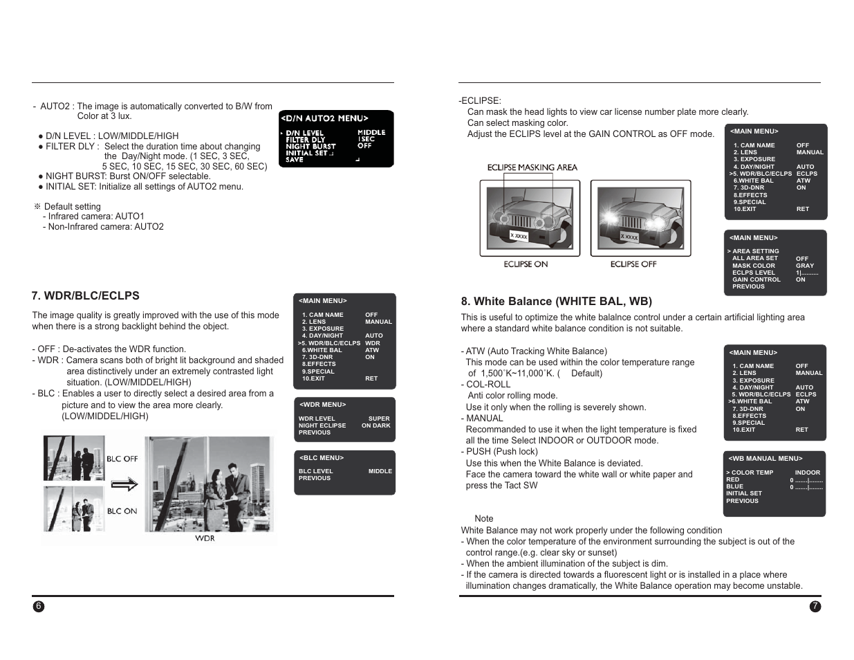 Wdr/blc/eclps, White balance (white bal, wb) | COP-USA CG32WD User Manual | Page 4 / 7