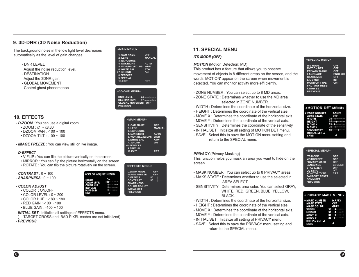 3d-dnr (3d noise reduction) 10. effects, Special menu | COP-USA CG32WD User Manual | Page 5 / 7