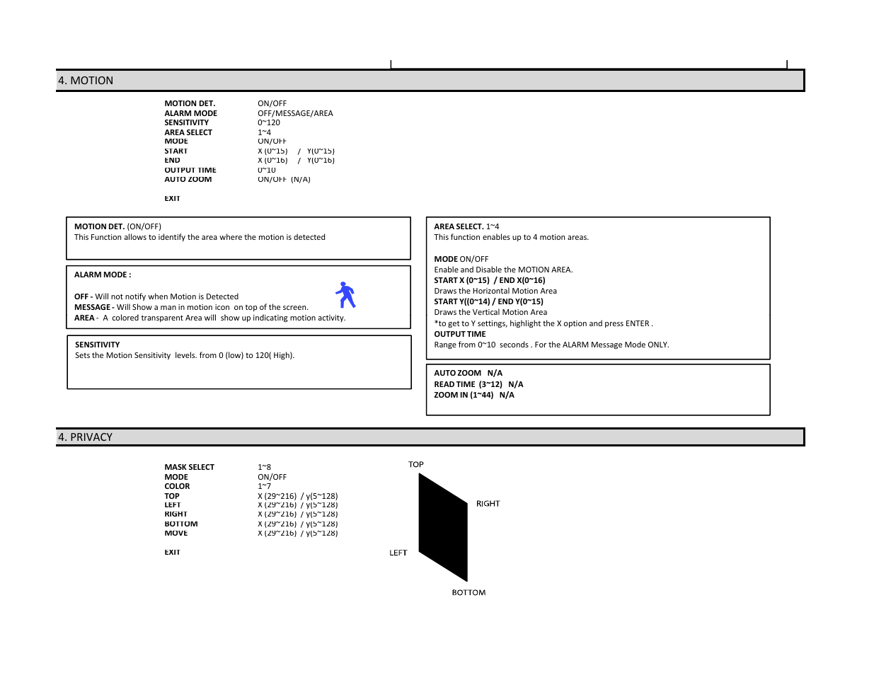 Motion, Privacy | COP-USA CD250XIR-WDR User Manual | Page 4 / 6