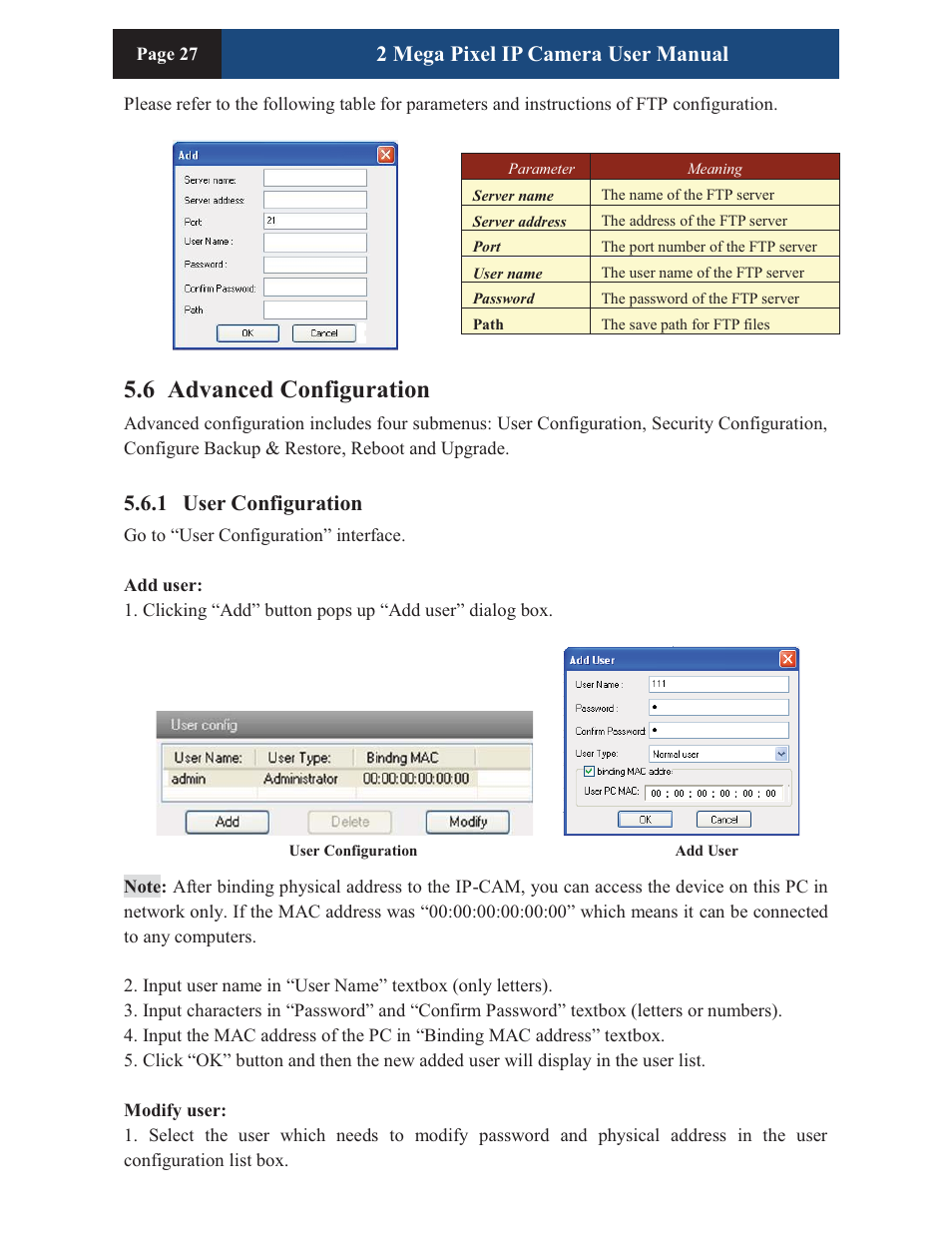 6 advanced configuration, 2 mega pixel ip camera user manual, 1 user configuration | COP-USA CM260IR-IP User Manual | Page 31 / 39