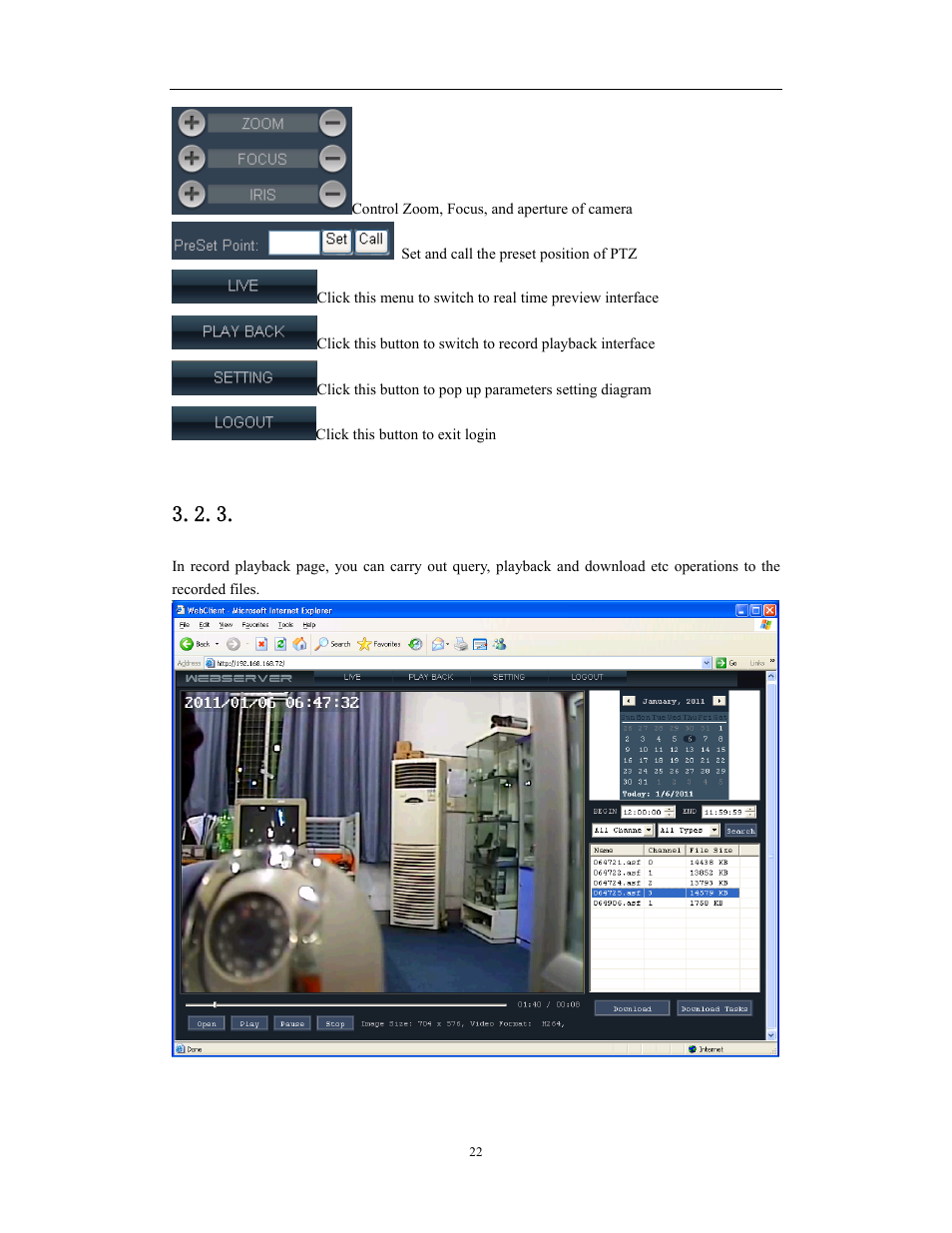 Ie record playback operation, Network video server/ip camera user manual | COP-USA CD75IP User Manual | Page 22 / 65