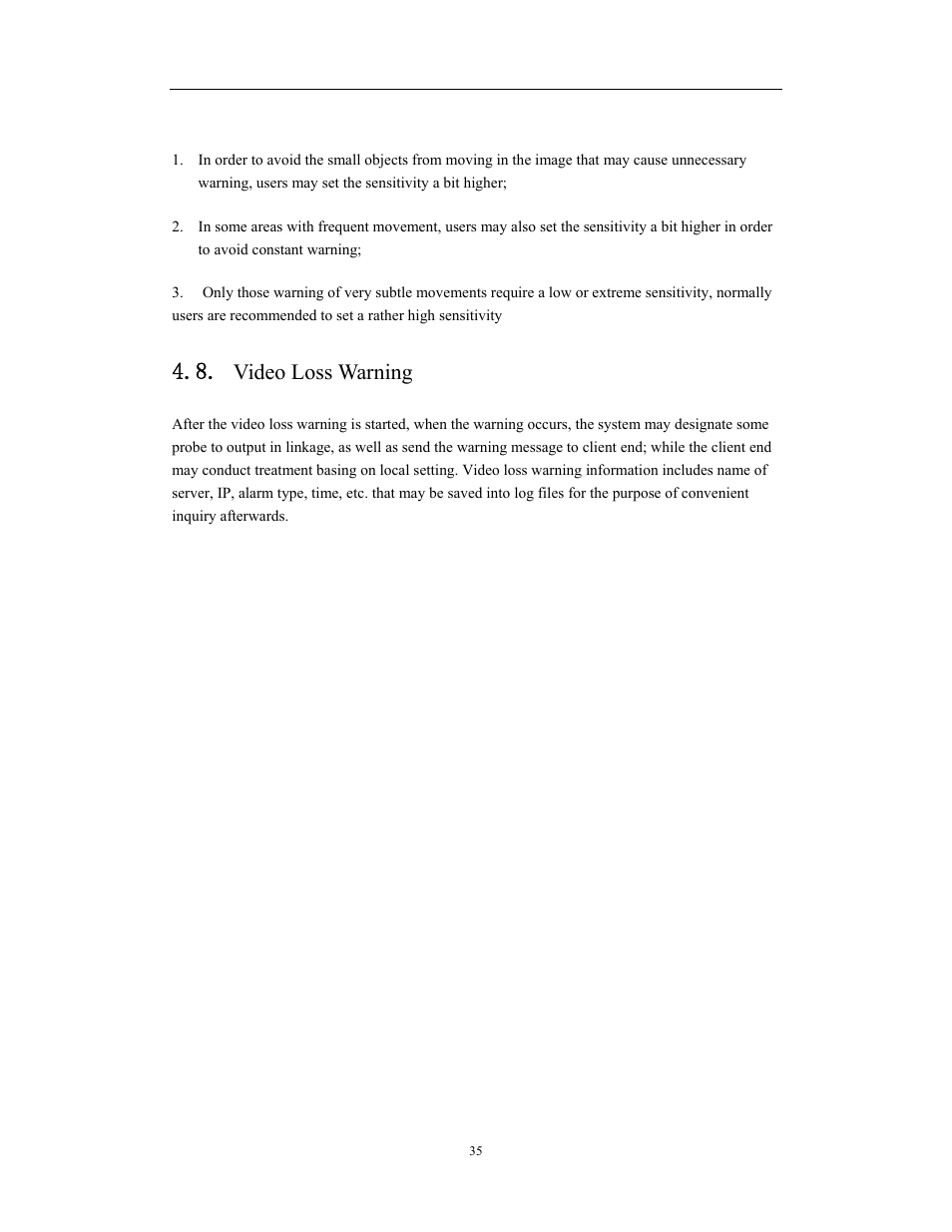 Network video server/ip camera user manual, Video loss warning | COP-USA CD75IP User Manual | Page 35 / 65