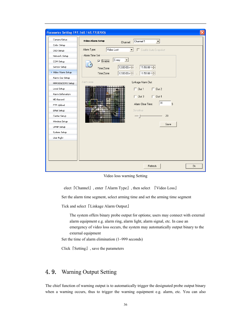 Network video server/ip camera user manual, Warning output setting | COP-USA CD75IP User Manual | Page 36 / 65