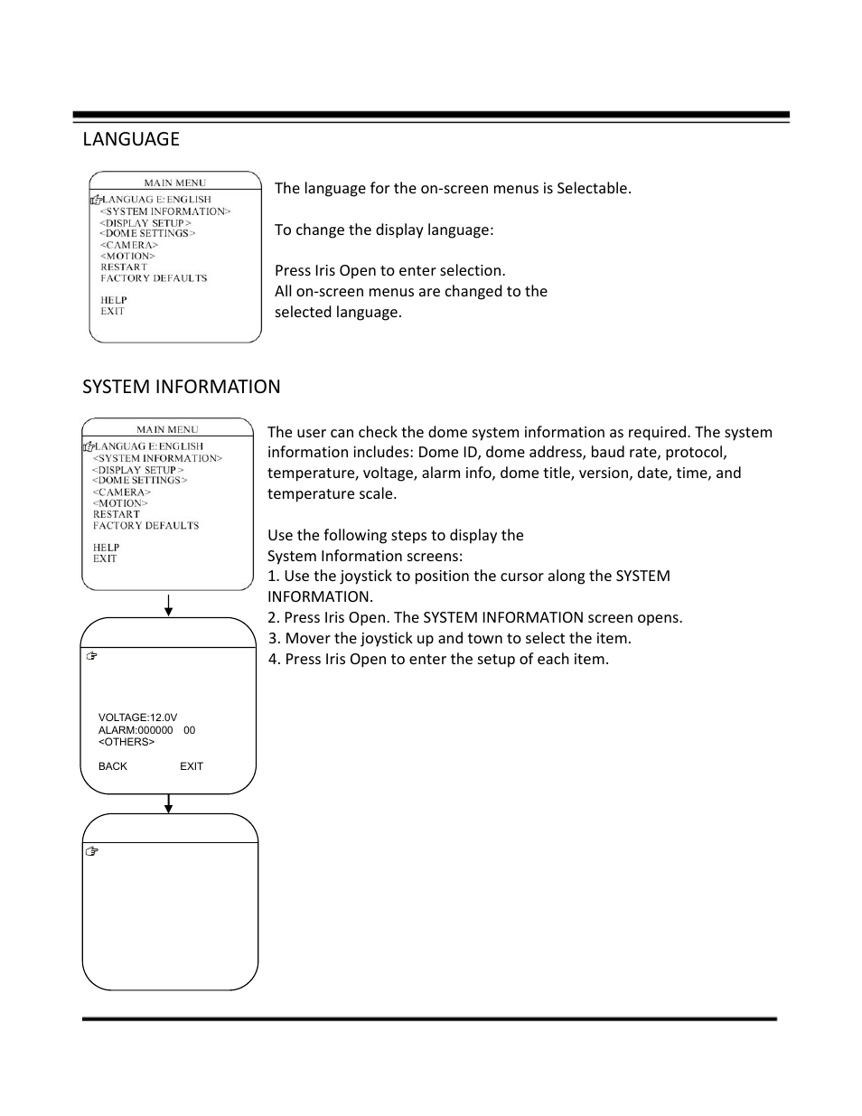 Language, System information | COP-USA CD55-SDI-IRWPTK User Manual | Page 25 / 54
