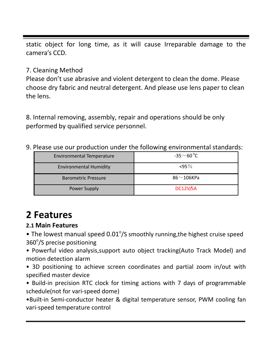 2 features, Main features • the lowest manual speed 0.01 | COP-USA CD55-SDI-IRWPTK User Manual | Page 5 / 54