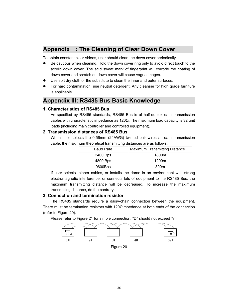Appendix : the cleaning of clear down cover, Appendix iii: rs485 bus basic knowledge | COP-USA CD55-H-SDI User Manual | Page 27 / 29