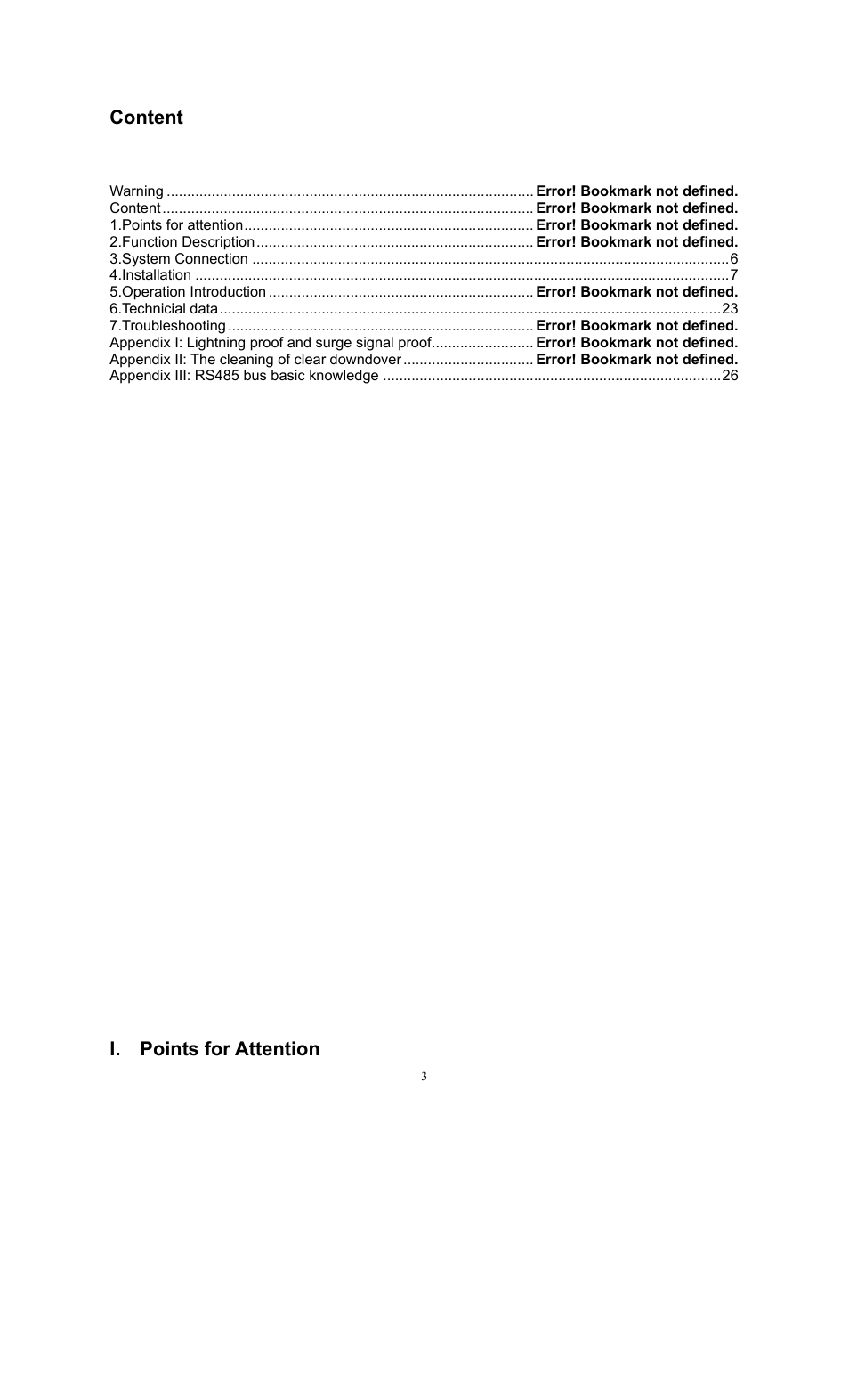 Content, I. points for attention | COP-USA CD55-H-SDI User Manual | Page 3 / 29