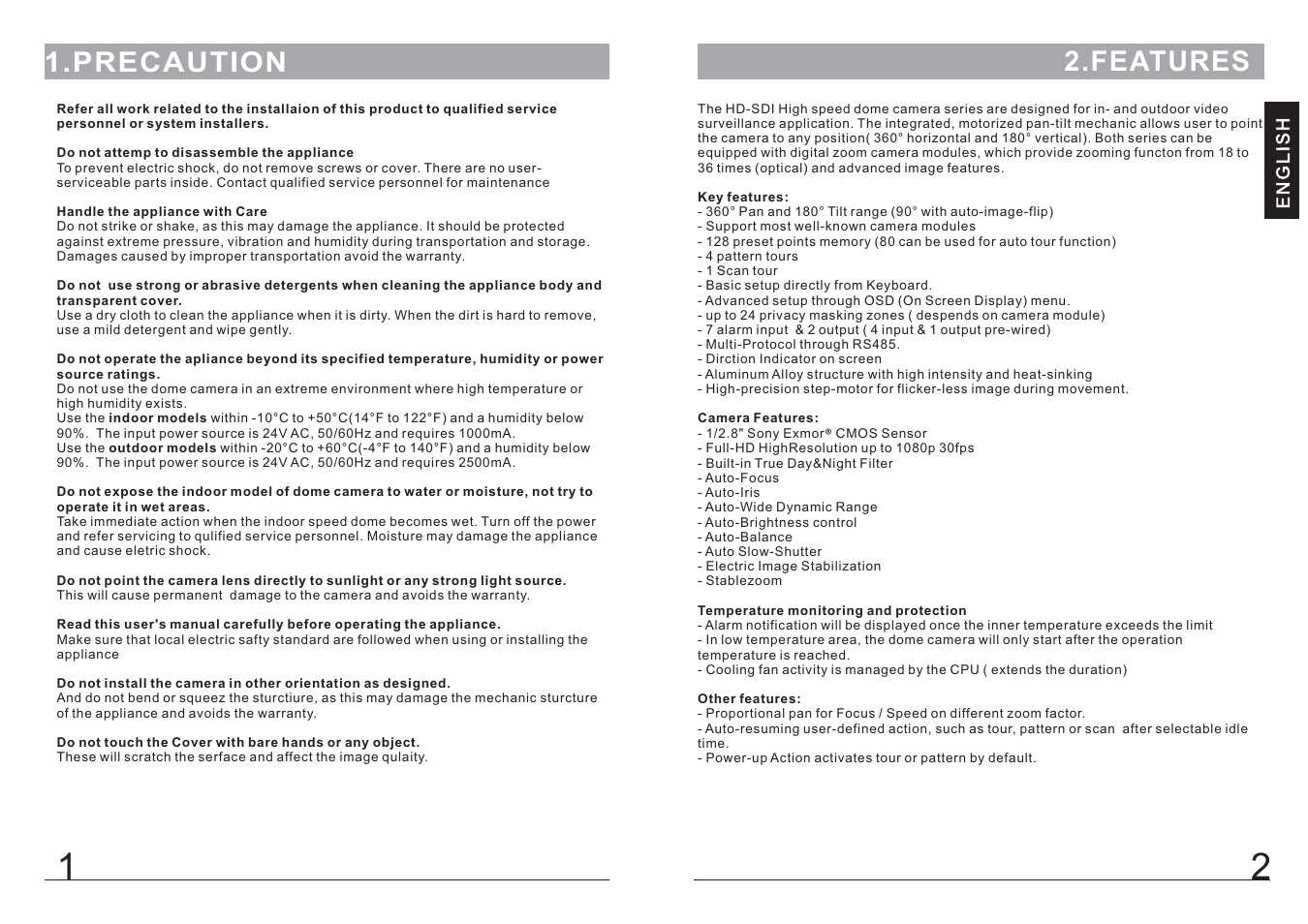 Precaution, Features | COP-USA CD55-SDI User Manual | Page 3 / 15