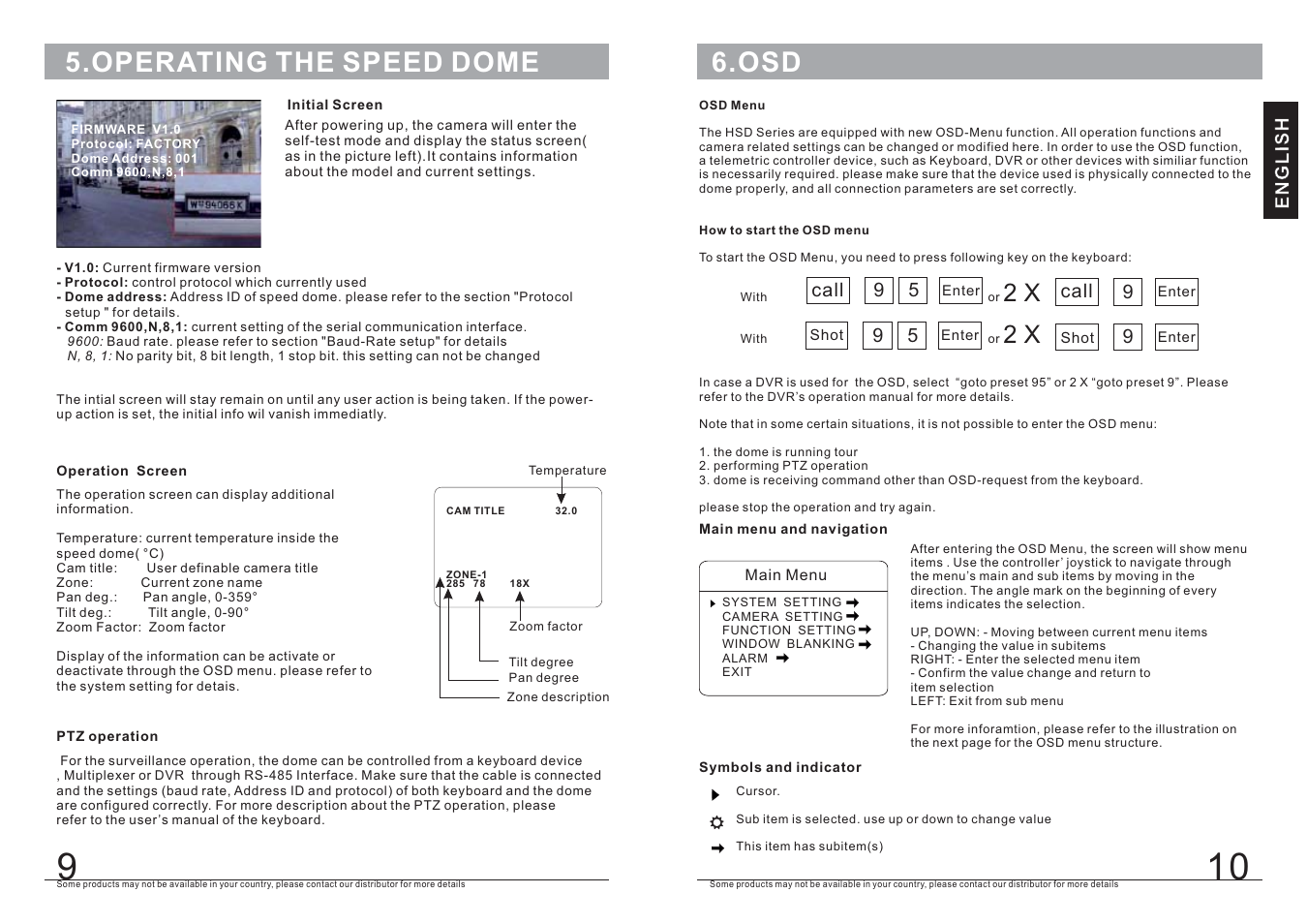 Operating the speed dome, Call 9 5, Call 9 | COP-USA CD55-SDI User Manual | Page 7 / 15