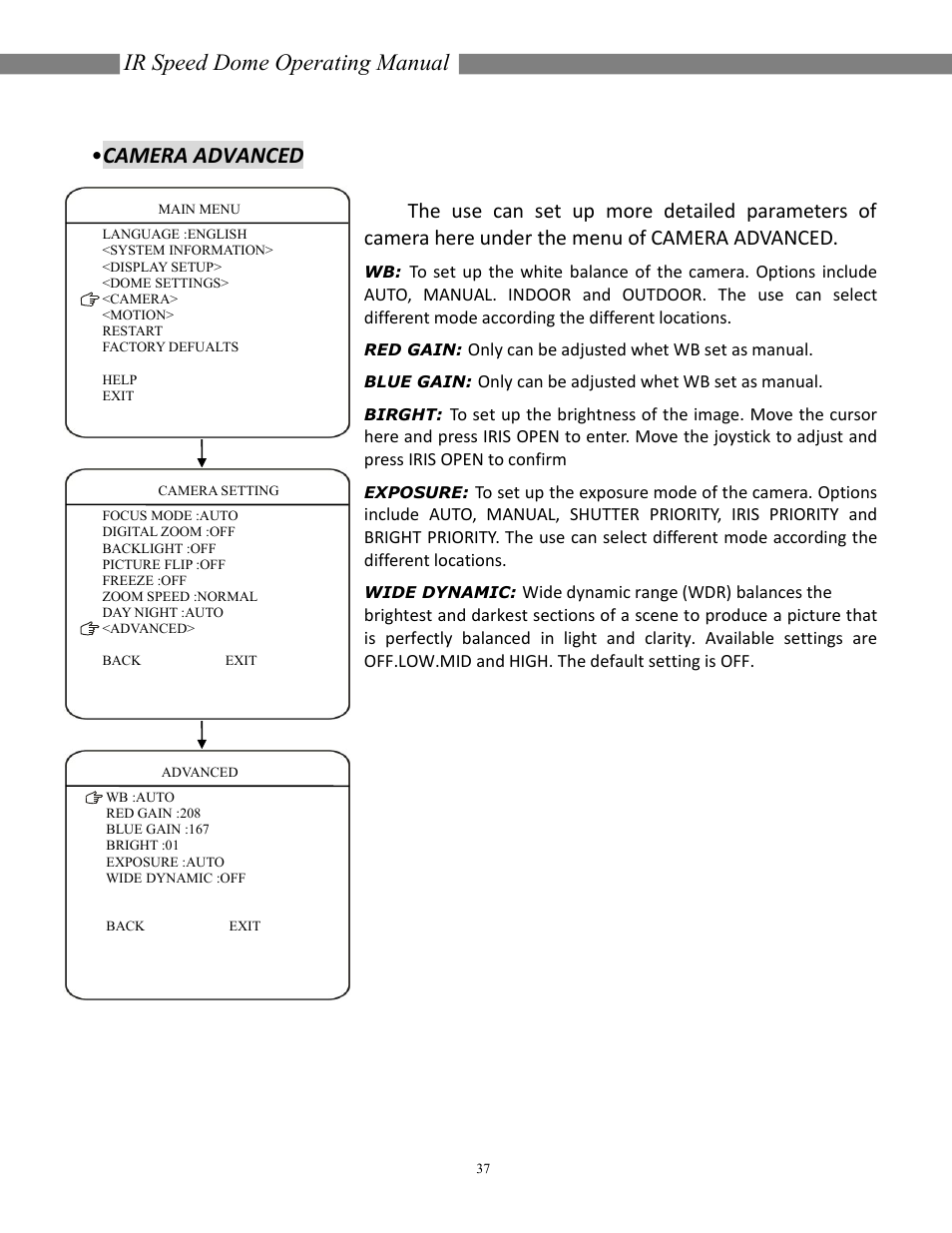 Ir speed dome operating manual, Camera advanced | COP-USA CD55NV-IR35YK User Manual | Page 38 / 51